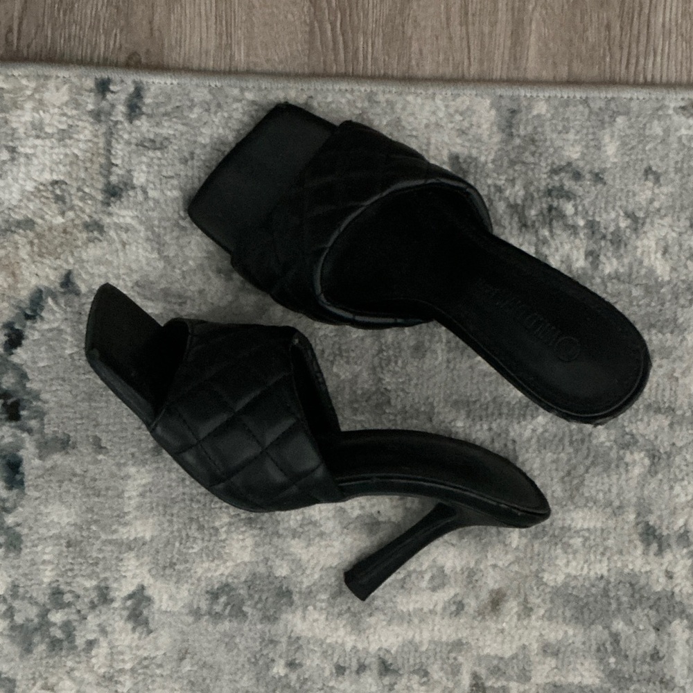 Black Quilted Square-Toe Heeled Mules - Women's Dress Sandals